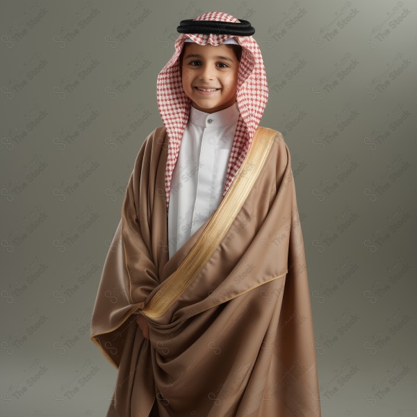 A child wearing Mishlah, traditional saudi clothing, a thobe, National Day, Founding Day, through artificial intelligence.