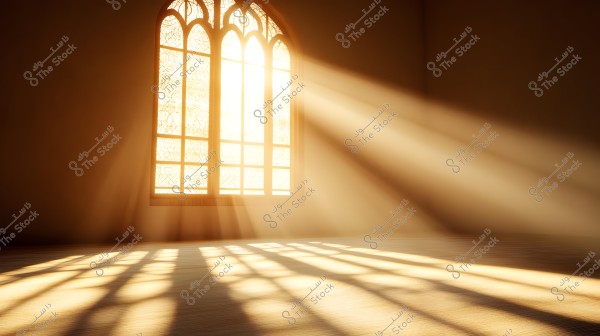 A large window with classic arches and intricate stained glass. Golden sunlight streams through the window, casting beautiful and interwoven shadows on the wooden floor.