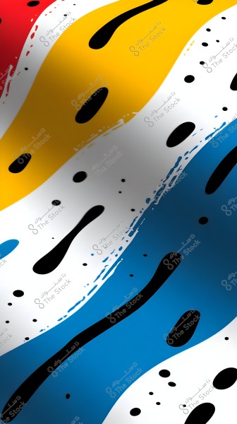 An abstract image featuring wavy lines in red, yellow, white, and blue, with black spots scattered throughout. The design is vibrant and gives a sense of movement and balance.