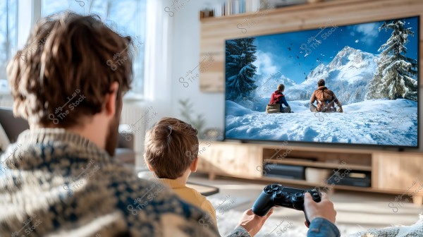 A man and a child sit on a couch in a sunlit living room, watching TV while the man holds a video game controller. The screen displays a beautiful scene of snowy mountains and pine trees with two figures sitting, looking at the snow-covered mountains.