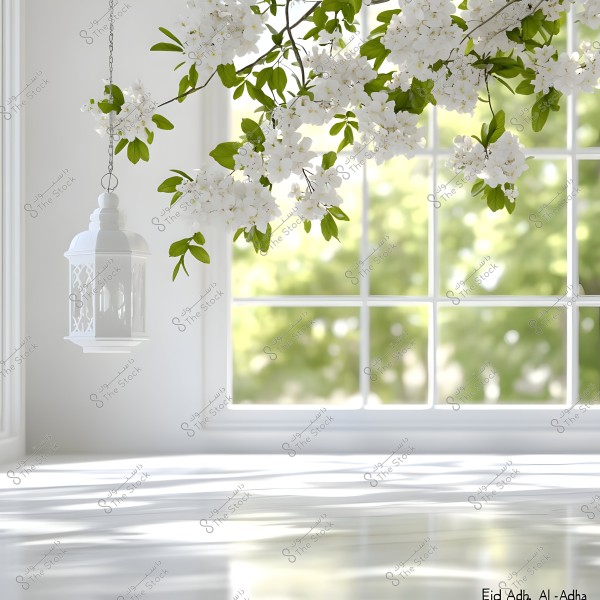 A large window with a white frame opens to an outdoor natural view. Branches of a flowering tree with white blossoms are prominently visible, with a decorative white lantern hanging nearby. Sunlight filters through the glass, casting soft shadows on the interior floor.