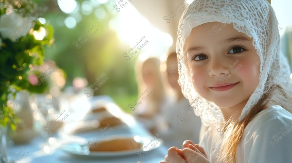 A portrait of a young girl sitting at a table adorned with flowers in the sunny daylight, wearing a white lace headscarf, and smiling gently. In the background, other individuals are present but out of focus, and the table is decorated with plates and flowers.