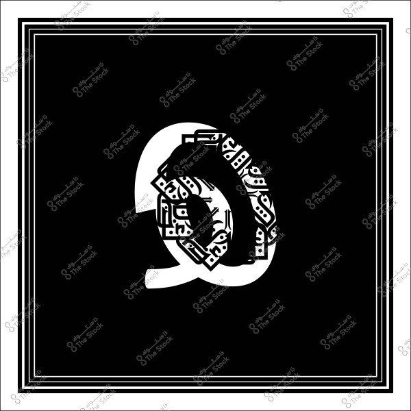 An abstract art piece on a black background featuring a white geometric shape adorned with intricate Arabic calligraphy. The outer edge of the image is accentuated with parallel white lines.