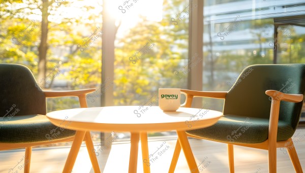 The image shows a sunlit room with two dark wooden armchairs around a round wooden table. On the table is a white mug with the logo \"govay\", and a background of large glass windows offers a view of sunlight-illuminated trees.