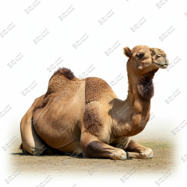 A brown camel lying on a sandy ground. The camel is depicted with a prominent hump and a long neck. The background is white and plain, highlighting the details of the camel in the image.