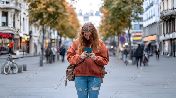 Image of a girl standing on an urban street wearing a brown jacket and ripped jeans, carrying a backpack. She is looking down at a mobile phone in her hands. In the background, the street is lined with trees and buildings, with some people walking.