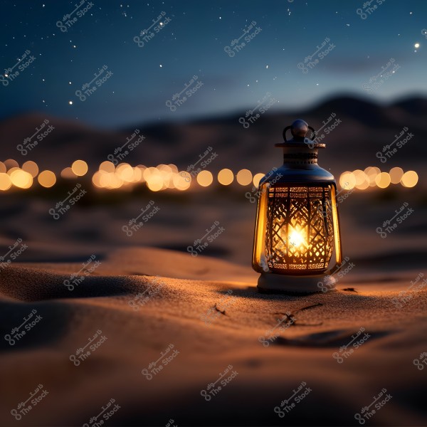 An intricately designed lantern lit up on desert sand during the night. In the background, a single line of softly lit lights is visible behind the sand dunes. Stars are scattered across the clear night sky, creating a calm and magical atmosphere.