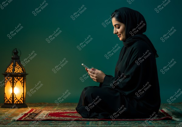 An image of a woman wearing a black abaya and hijab, sitting on a prayer mat and holding a mobile phone. A lit lantern provides ambient light next to her. The background is dark blue, giving the image a serene and peaceful atmosphere.