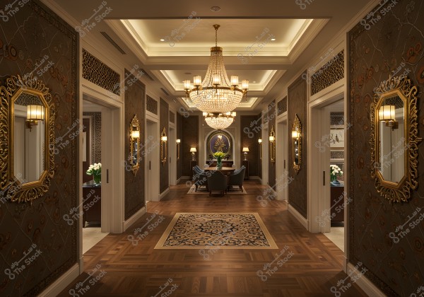 An image showing a luxurious hotel corridor with warm decor and bright lighting. The walls feature intricate designs with gold-edged mirrors. A large, illuminated crystal chandelier hangs from the ceiling. Blue sofas are arranged around a round table at the end of the corridor. The floor has a wooden design with an ornate rug in the center.