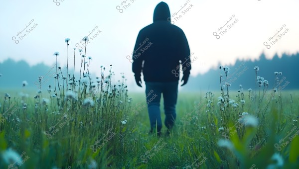 Image of a person wearing a black hoodie walking away in a green field filled with white wildflowers in the early morning. The background shows trees and light mist, creating a serene and mysterious atmosphere.