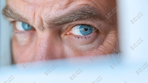 A close-up image of a face showcasing detailed and expressive blue eyes. The focus is on the eyes and natural-colored eyebrows, giving an impression of concentration and intensity.