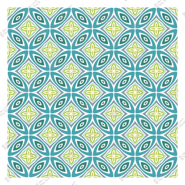 Geometric pattern with interlocking green and blue shapes featuring stars and oval eyes.