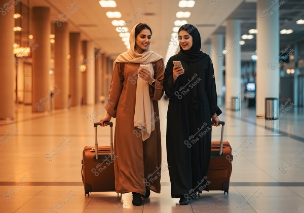 Two women walking side by side in a modern, well-lit airport. They are dressed in abayas, one in black and the other in brown with a beige scarf. Each is pulling a wheeled suitcase and using a mobile phone. They are surrounded by columns with warm lighting in the corridor.