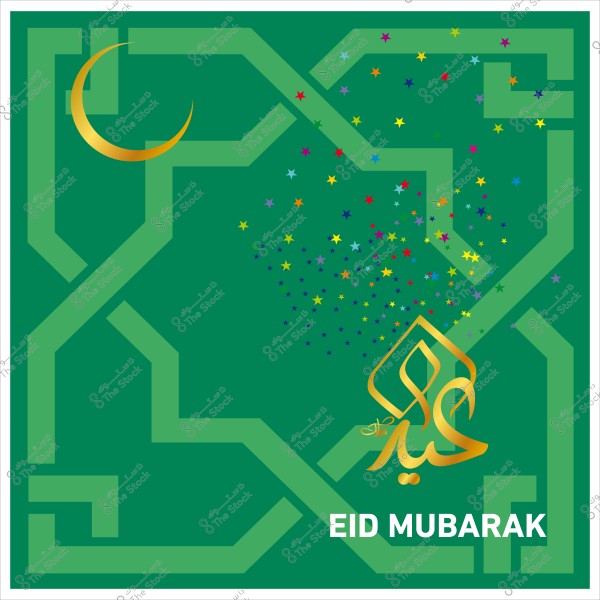 Eid greeting card design on a green background with colorful stars, a golden crescent, and the words \"Eid Mubarak\" written in gold and white.
