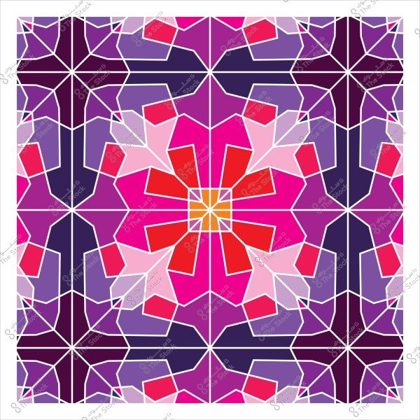 تصميم نمط هندسي ملون يتضمن أشكالاً متداخلة بألوان متعددة مثل الأحمر, الوردي, الأرجواني والبنفسجي. يتميز التصميم بتكرار الأشكال اللونية بشكل متماثل مما يشكل تأثيرًا بصريًا متناغمًا وجذابًا.

-