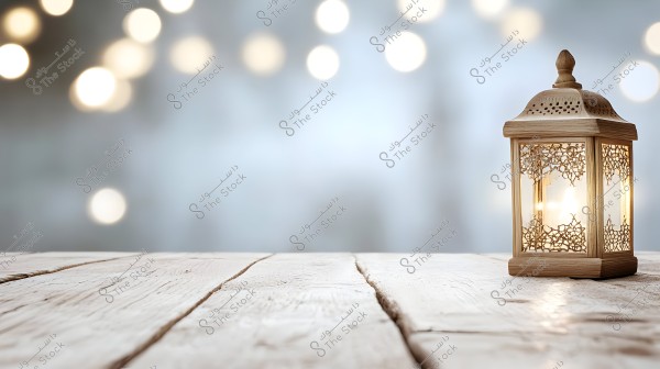 A lit lantern made of wood and glass, decorated with intricate patterns, placed on a rustic wooden table. The background is blurred with small twinkling lights, creating a warm and cozy atmosphere.