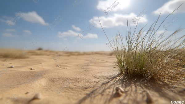The image depicts a desert landscape, where golden sand stretches into the horizon under a clear blue sky with a few scattered clouds. In the foreground, a cluster of desert grass grows on the sand, adding a touch of life to the arid scene.