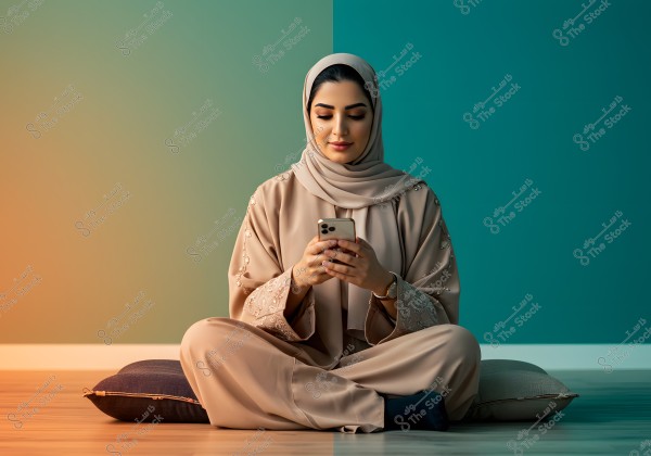 A woman sitting cross-legged on a wooden floor, wearing a beige abaya with intricate embroidery and a matching hijab. She is holding and focused on a smartphone. The wall behind her is divided into gradient colors of orange and blue.