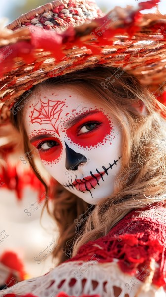 Image of a woman wearing traditional Mexican attire known as \"Catrina,\" associated with the Day of the Dead. Her face is painted with striking skull makeup in red, black, and white, featuring a spider web design on the forehead. She is wearing a straw hat adorned with red flowers and a red and white lace dress.