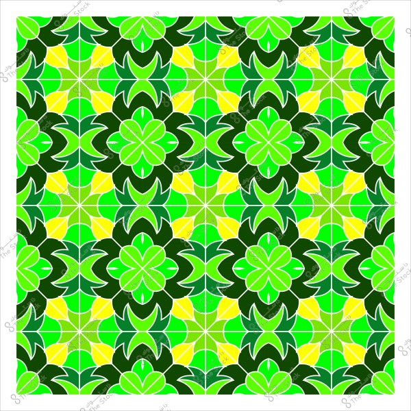 صورة لنمط زخرفي مكرر يتألف من أشكال هندسية وزهور بألوان الأخضر الفاتح والغامق, والأصفر. يتداخل التصميم بشكل متناظر ليخلق تأثيراً بصرياً جذاباً ويعكس أسلوب الفنون الإسلامية التقليدية.

-