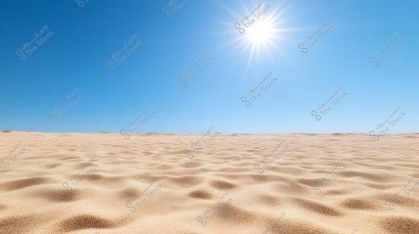 A wide desert scene with wavy sand dunes under a bright sun in a clear blue sky, with no other visible elements on the horizon.