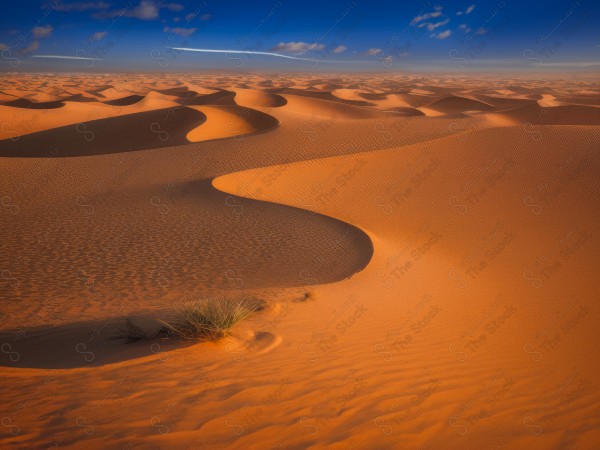 لقطة للكثبان الرملية الذهبية في الصحراء السعودية وتظهر السماء صافية  نهارًا ، الربع الخالي ، مناطق صحراوية، مصممة بواسطة الذكاء الاصطناعي.