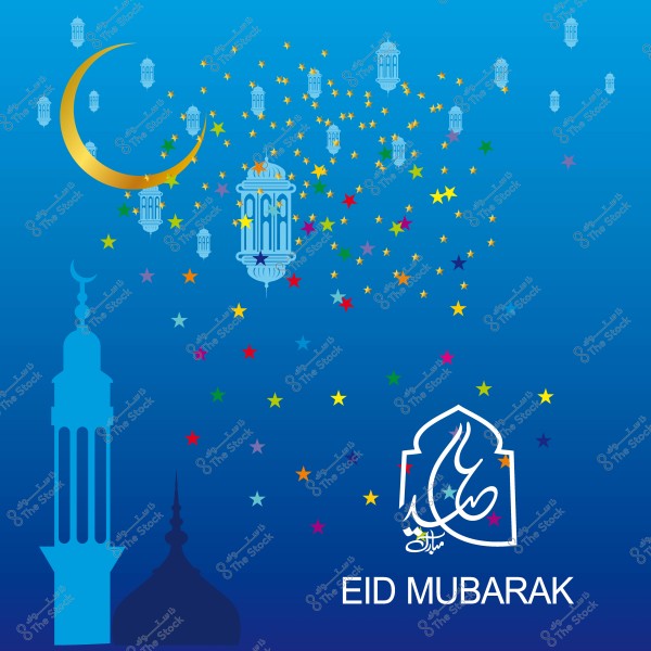 تصميم تهنئة بمناسبة عيد مبارك, يظهر فيه هلال ونجوم وفوانيس مع كتابة \"عيد مبارك\" بالعربية والإنجليزية.