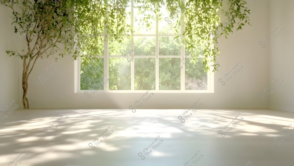 An image of a bright room with a clean white floor. The opposite wall features large sunlit windows overlooking an outdoor view of green trees. To the left, a flourishing tree branch extends inside, with dense leaves hanging from the ceiling.