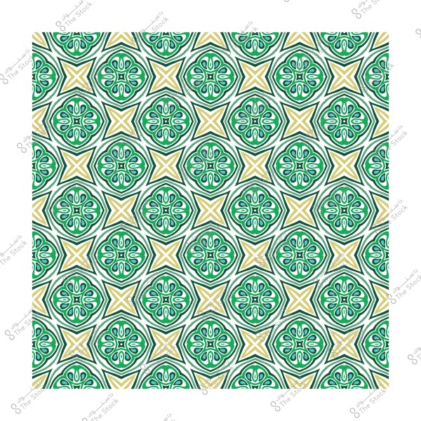 نمط هندسي متكرر بأشكال دائرية وخطوط متقاطعة باللونين الأخضر والذهبي على خلفية بيضاء.