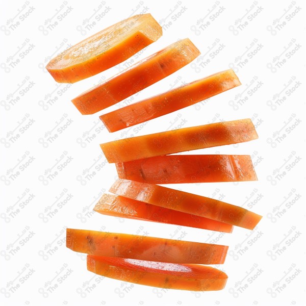 A high-resolution image of several carrot slices cascading down in a row against a clean, white background.