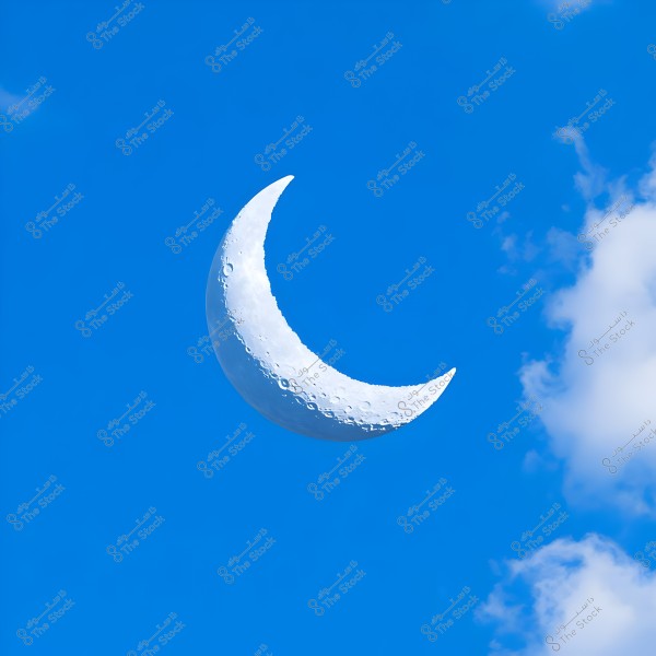 Image of a crescent moon in a clear blue sky with a few scattered clouds. The crescent appears illuminated with a terrain-filled surface and distinct details.