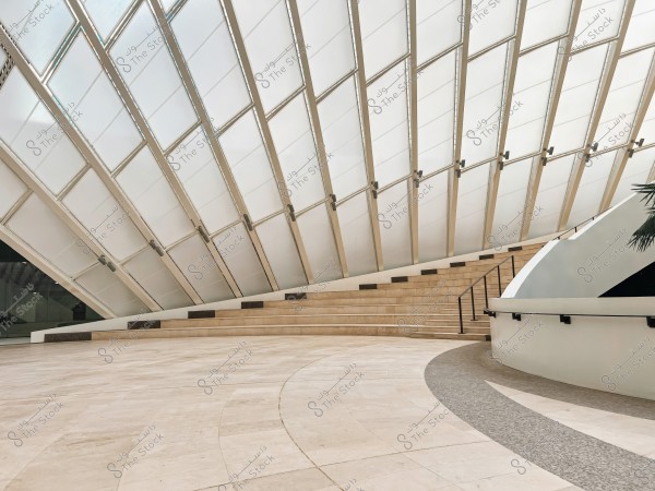 An interior architectural scene featuring beige marble steps, illuminated by natural light filtering through large curved glass surfaces. The design is characterized by clean lines and smooth curves leading to the stairway and the lower circular area.