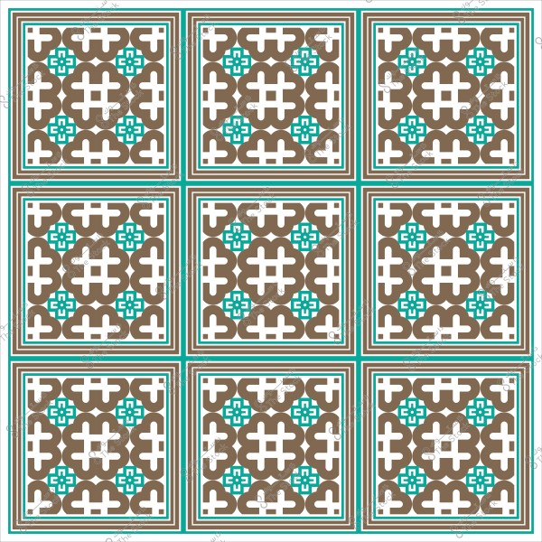 Islamic mosaic pattern with repeating geometric shapes in brown and turquoise.