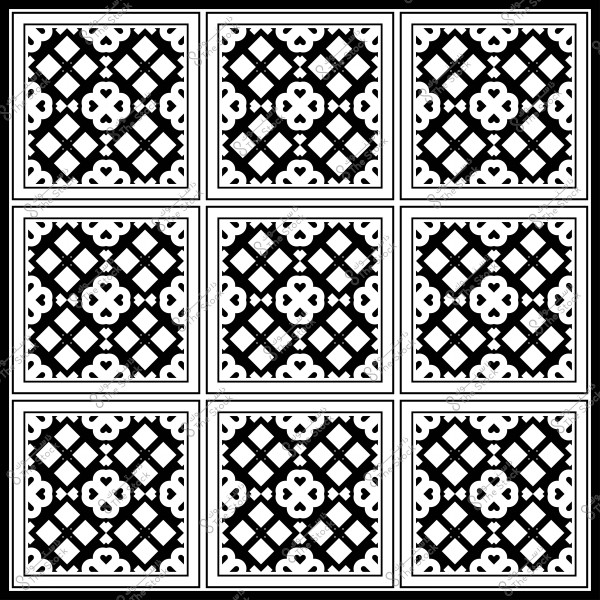 نمط زخرفي يتضمن تصميمًا هندسيًا أبيض وأسود متناظرًا يظهر على تسع بلاطات مربعة.