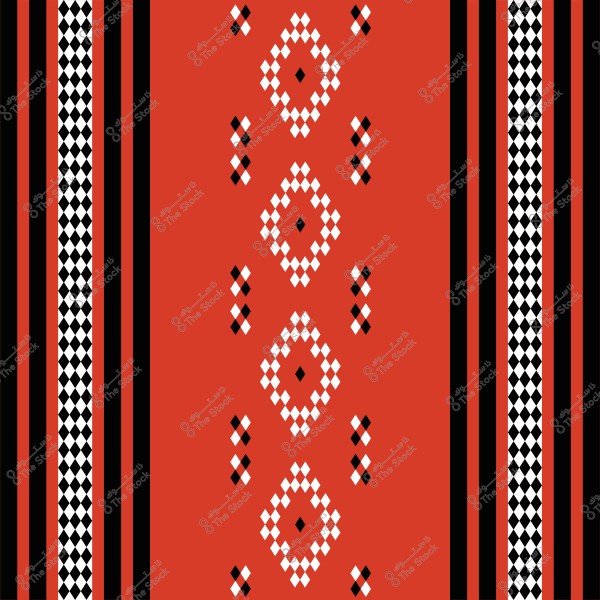 تصميم تقليدي يحتوي على أشكال هندسية على خلفية برتقالية. الأشكال تشمل مربعات ومعينات بيضاء وسوداء موزعة في نمط أفقي وعمودي. الجانب الأيسر يحتوي على خطوط رأسية باللونين الأسود والأبيض تشبه النسيج التقليدي.