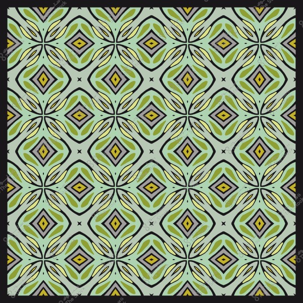 نمط زخرفي متماثل بأشكال ماسية وخطوط بألوان خضراء وصفراء على خلفية فاتحة.