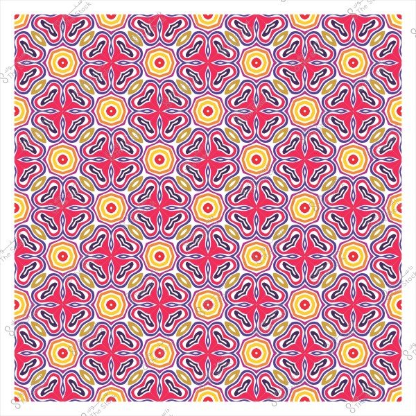 نمط هندسي ملون يحتوي على أشكال زهرة متكررة بألوان الوردي, الأصفر, والأزرق على خلفية بيضاء.