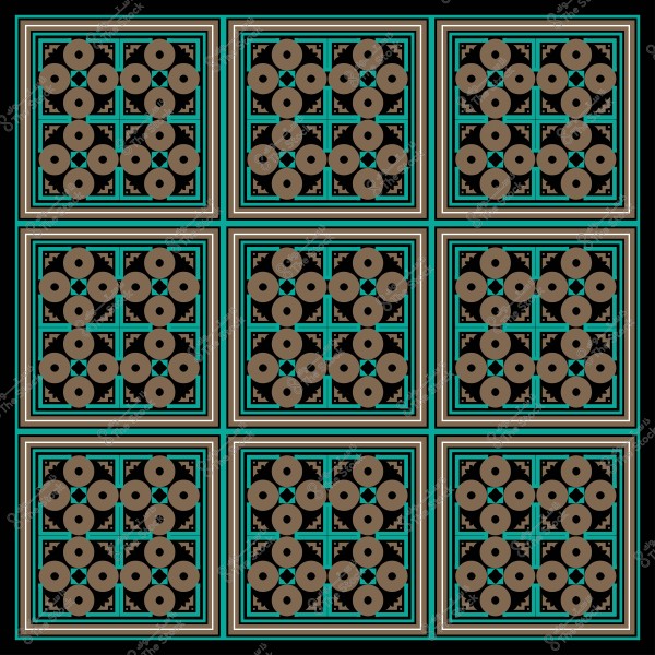 Arabic geometric pattern with circular designs and intricate ornaments in brown, blue, and black colors.