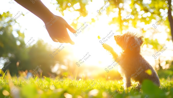 An image of a small dog sitting on grass, extending its paw towards a human hand reaching out to it. Sunlight illuminates the background, creating a warm and radiant atmosphere. A small butterfly flutters near the dog\'s paw, with green leaves of trees in the background.