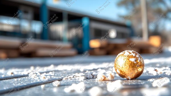 A small shiny golden ball partially covered with snow or white powder resting on a wooden surface. In the background, part of a building with blue shading is visible, and natural sunlight illuminates the scene.