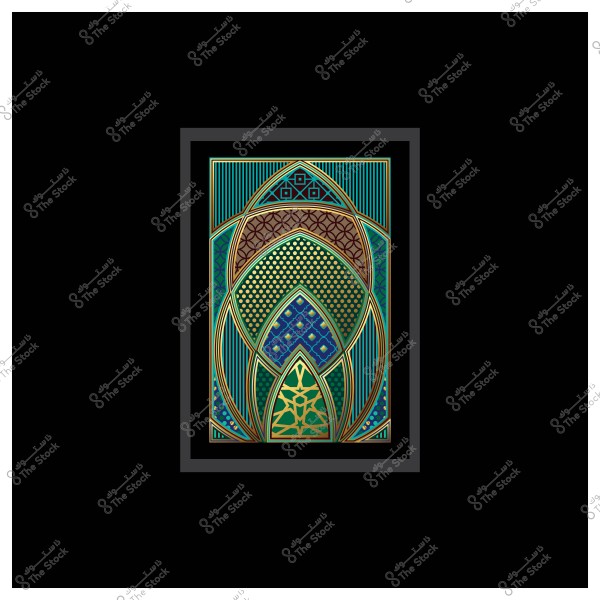 لوحة فنية بتصميم هندسي يضم أشكالاً معقدة بألوان زرقاء وخضراء وبنية, محاطة بإطار أسود.