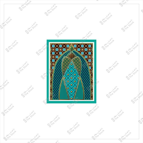 تصميم فن زخرفي بنمط هندسي وألوان ذهبية وزرقاء وخضراء.