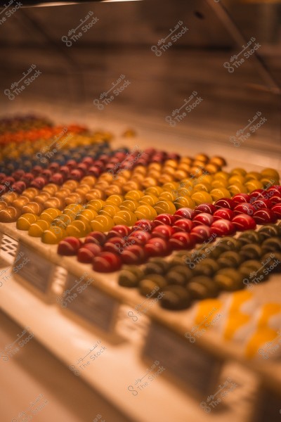 مجموعة متنوعة من حبات الشوكولاتة الملونة مرتبة في واجهة عرض زجاجية.