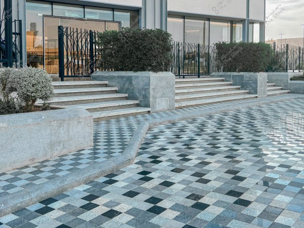 The image shows the entrance of a modern building with a tiled pathway featuring a black and white square pattern. Steps lead up to large glass doors of the building. On either side, there are small shrubs and metal fences with a sleek design.