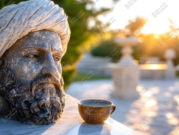 A marble statue of a bearded man wearing a turban is placed on an outdoor table. Next to the statue, there is a cup with decorative engravings. The lighting is natural with the sunset in the background, creating a warm atmosphere.