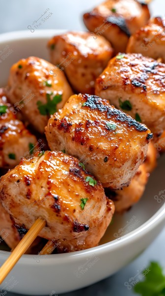 A close-up image of grilled chicken skewers, displaying golden pieces of chicken garnished with fresh cilantro leaves. The chicken is perfectly grilled with black grill marks, resting over a white plate.
