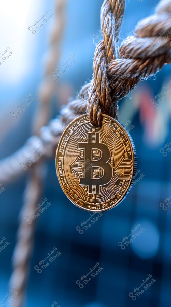 An image showing a golden Bitcoin coin hanging on a coarse rope, with a blurred blue-toned background. The Bitcoin logo \"B\" with double vertical lines is prominent in the center of the coin.