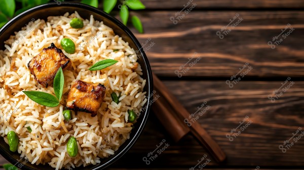 The image shows a bowl of basmati rice with pieces of grilled chicken and green leaves for garnish, along with green peas. The bowl is placed on a dark wooden surface.