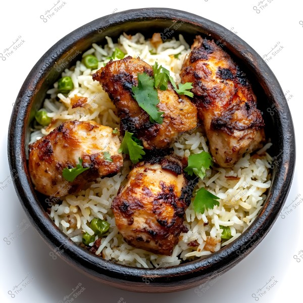 An image showing a ceramic dish containing cooked basmati rice with heavily seasoned grilled chicken pieces. The dish is garnished with cilantro leaves and a few green peas. The rice appears fluffy and white, while the chicken pieces look golden with some charred texture.
