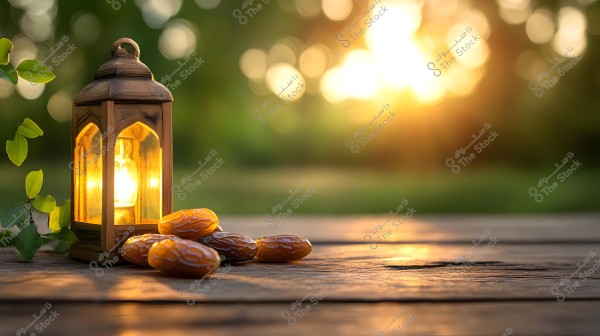 The image depicts an illuminated wooden lantern placed on a wooden surface with some dates arranged beside it. The background features warm sunlight with a bokeh effect, and some green leaves are visible on the left side of the image.